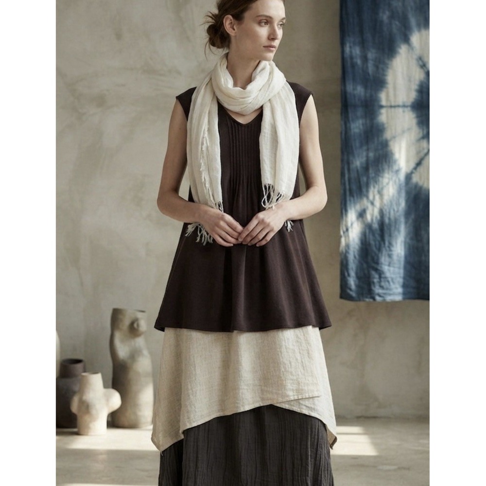 Eileen Fisher Brown Pintuck Sleeveless Shift Dress Tunic XS Jersey Minimalist